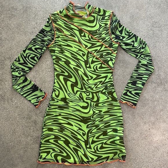 Green / black swirl mesh body con long sleeve mini dress with orange stitching - Picture 1 of 3